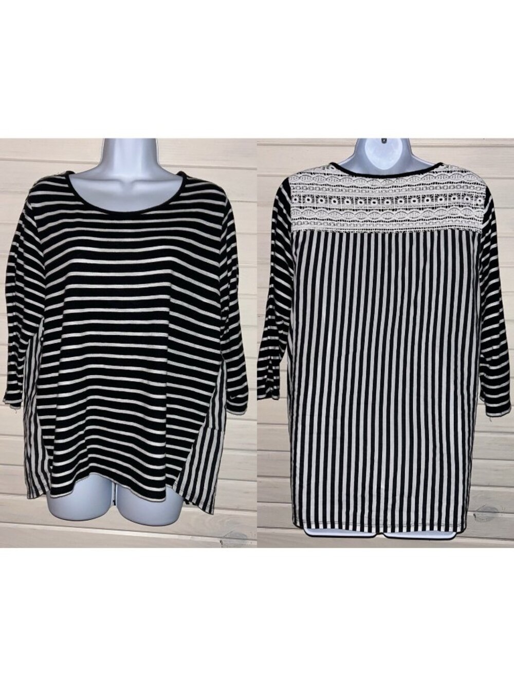 Chicos Sz 1 (MEDIUM) Black White Striped Mixed Media Tee Top Cotton Lace EUC